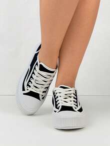 Lace-Up Round Toe White Sneakers, Versatile Thick Sole Casual Shoes, Preppy Style Canvas With Contrasting Trim, Suitable For Beach, Office, Home, All Seasons - Black - View 4