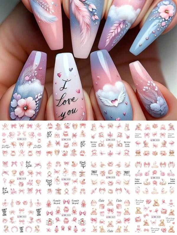 12 designs/pièces Autocollants d'eau pour ongles avec motifs de filles de bandes dessinées. Nœuds, rose, abricot, gâteau, rouge à lèvres, cosmétiques, poupée, ours, lapin, cygne, chien, design romantique. Décalcomanies kawaii à transfert par l'eau pour décoration d'ongles