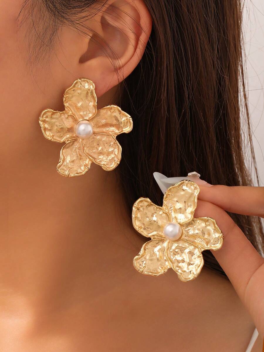 2件套白色花朵和三叶草设计耳环，适合女性佩戴，可作为礼物、派对饰品和团队建设活动佩戴 - 金色2 - 查看 1