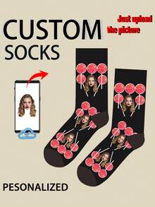 1 双定制中筒袜、定制人脸袜、情侣袜、定制照片袜、定制印花袜、个性化搞笑脸袜、定制图片袜、袜子上印任意脸型、周年纪念礼物、情人节礼物、生日礼物、结婚礼物