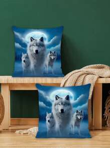 Fronha com design contemporâneo de lobo, 2 peças, fibra de poliéster, impressão unilateral, capa de almofada decorativa para sofá, decoração para casa, tema animal, estilo retrô, padrão geométrico, sala de estar, fecho de zíper, limpeza parcial sem núcleo de travesseiro