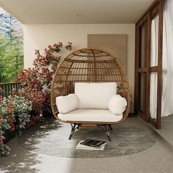 Meiyiu 360° Swivel Egg Chair, Oversized Patio Rotating Basket Chair, Waterproof, Steel Frame & Metal Base, PE Rattan Lounge Chair For Indoor & Outdoor Porch Living Room Backyard