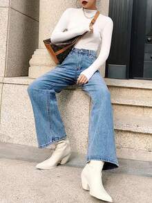 HDLTE Women Ripped Boyfriends Jeans Distressed High Waist Baggy Pants Wide Leg Straight Trousers Y2k Streetwear Pants… - Sky-blue - View 7
