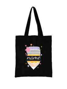 Pencil Print Polyester Custom Name Tote Bag - Casual Style, Lightweight, Open Closure, Fixed Shoulder Strap, Hand Washable, Daily Commute Bag With Printed Design, High-Capacity Travel Storage Bag