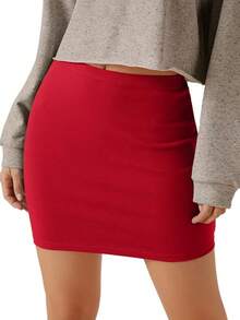 Women's Basic High Waisted Pencil Bodycon Short Skirt - 紅色 - 查看 3