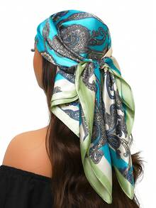 1 条 90 厘米女士奢华围巾，时尚印花方形围巾，休闲涤纶披肩，适合所有季节 - 腰果螢光綠 - 查看 2