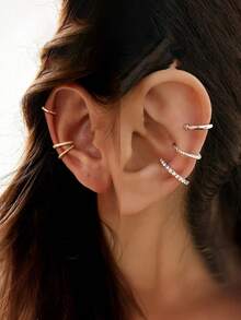 3 件/套 非穿孔 黄金耳夹 薄方晶锆石 耳钉 耳骨耳环 女式珠宝礼物