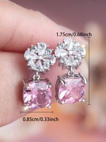 1 Pair Elegant Square Cut Pink Synthetic Zirconia & Floral White Synthetic Zirconia Silver White Plated Stud Earrings For Women, Luxury For Weddings, Parties, Festivals And Everyday Wear, All Season
