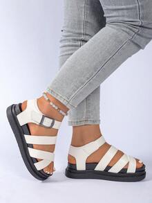 适合大码脚的宽版凉鞋，女士纯色厚底坡跟凉鞋，休闲扣夏季凉鞋，舒适露趾凉鞋，女士平底罗马凉鞋，纯色露趾交叉系带防滑鞋，女士平底凉鞋，新款厚底黑色罗马风格凉鞋，防滑百搭时尚休闲夏季沙滩凉鞋