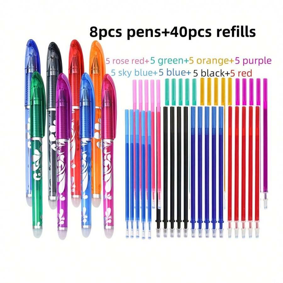 48 支可擦凝胶笔套装，8 种颜色，可替换笔芯，带口袋夹，适合学校和办公室使用，返校礼物，返校礼物 - 彩色 - 查看 1