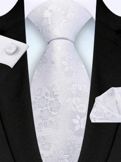 3pcs/Set Men's 8cm White Floral Pattern Necktie, Pocket Square And Cufflinks Set, High Quality Classic Fashion Business Casual Tie Set, Men's Wedding Accessories, Christmas/Party Gift