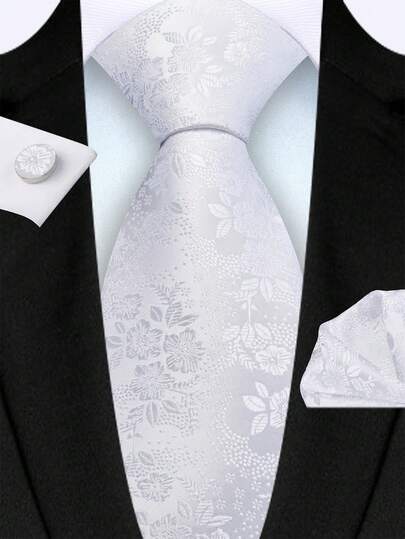 3 件/套男士 8 厘米白色花卉图案领带、口袋巾和袖扣套装，高品质经典时尚商务休闲领带套装，男士婚礼配饰，圣诞节/派对礼物