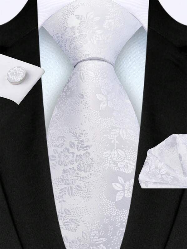 3 Peças/Conjunto Gravata Floral Branca de 8cm, Lenço de Bolso e Abotoadura Conjunto, Conjunto de Gravata Clássica de Negócios Casual de Alta Qualidade, Acessórios de Casamento Masculino, Presente de Natal/Festa