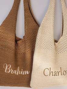 Custom Crochet Mesh Beach Tote Bag, Custom Text Tote Knit Summer Vacation Aesthetic Boho Tote Bag -- Embroidery - Personalized Gift