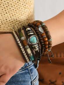 9/17/24/35/47/76pcs Mixed Vintage Handmade Wooden & Turquoise Stone Bead Bracelet Set With Zinc Alloy Pendant - Ideal Jewelry Pack For Daily Party Gifts - Multicolor - View 7