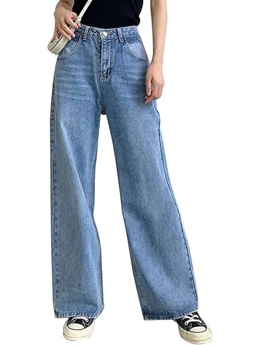 HDLTE Women Ripped Boyfriends Jeans Distressed High Waist Baggy Pants Wide Leg Straight Trousers Y2k Streetwear Pants… - 藍色 - 查看 1