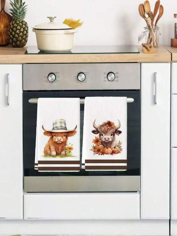 2Pcs Kitchen Towel Watercolor Floral Highland Cow Country Style Farmhouse Dish Towel Kitchen Dishwashing Hand Tea Towel Kitchen Dry Dish Towel Suitable For Kitchen Restaurant Dining Table