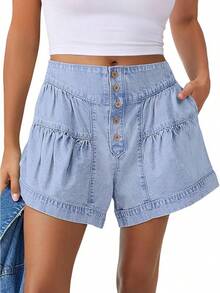 ANRABESS Women's Shorts Summer Baggy High Waisted Flowy Wide Leg Buttons Pleated Casual Jean Shorts 2025 Fashion Skorts - 淺藍色 - 查看 1
