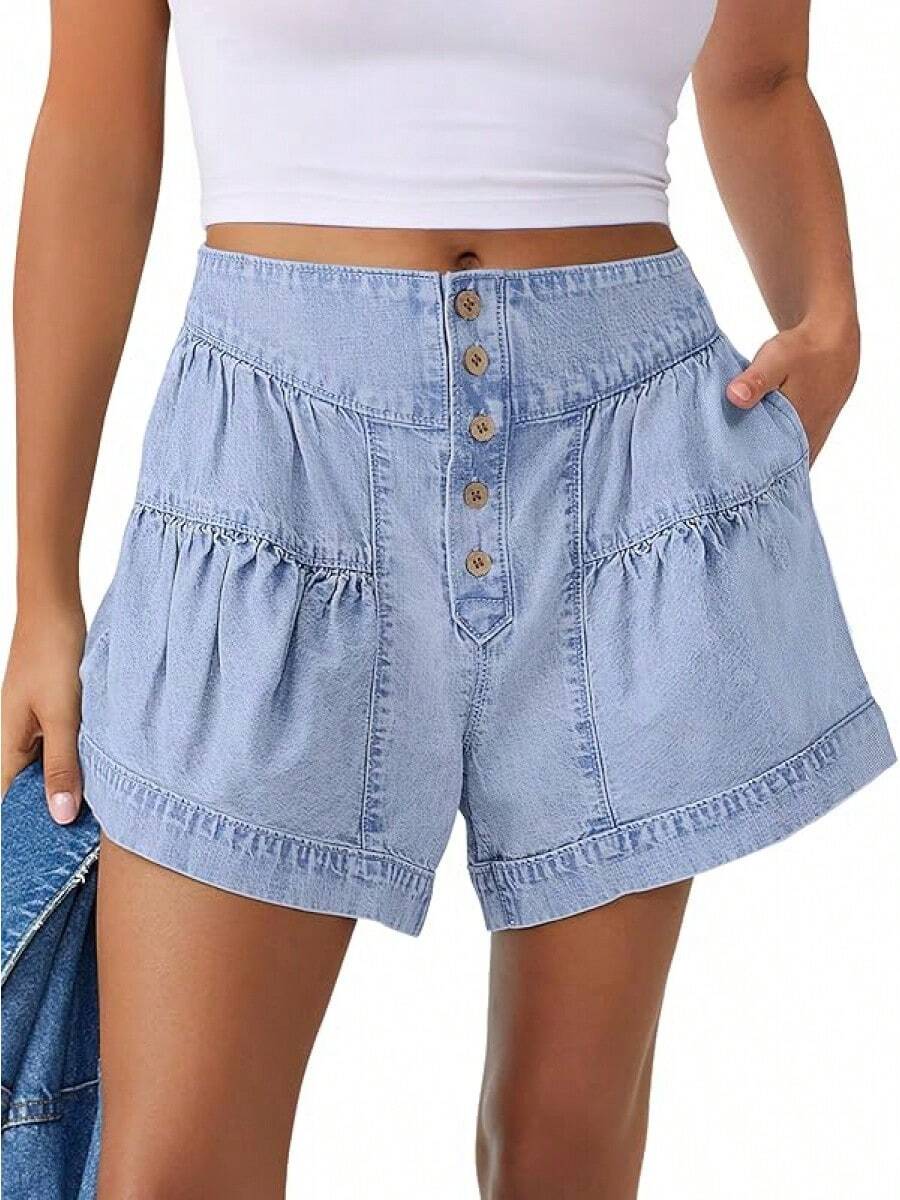 ANRABESS Women's Shorts Summer Baggy High Waisted Flowy Wide Leg Buttons Pleated Casual Jean Shorts 2025 Fashion Skorts - 淺藍色 - 查看 1