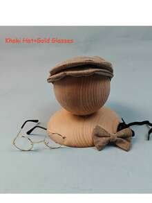 3pcs/Set Baby Boy Gentleman Outfit With Striped Beret Hat With Bow Tie & Glasses, Khaki Or Gray Stripes Flat Cap Prop, Newborn Photography Props Infant Photo Shoot Costume Accessories Baby Shower Gift Idea - Multicolor - View 9
