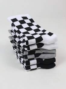 2/4/5/6 Pairs Of Women's Black & White Checkerboard Patterned Crew Socks, Personalized Casual Socks, Versatile For All Season, Suitable For Outdoor, Party, Gift, Y2k, Goth, School, Soft, Breathable