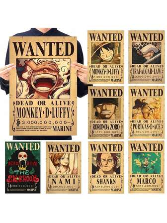 ONE PIECE 2 pièces Affiches de primes Wanted One Piece Luffy en papier kraft. Décoration murale pour salon, peinture décorative. Affiche de primes Wanted Luffy Gear 5 des Pirates au Chapeau de Paille. Peinture vintage d'anime, décoration murale pour chambre et salon. Cadeau de Noël et d'anniversaire