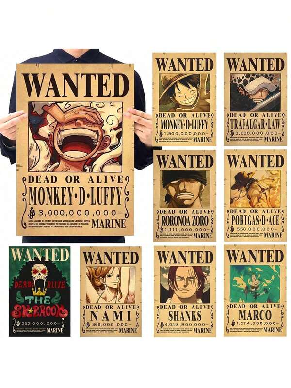 ONE PIECE 2 piezas Carteles de recompensa Wanted One Piece de Luffy en papel kraft, decoración de pared para sala de estar, pintura decorativa, póster de recompensa de los Piratas del Sombrero de Paja Luffy Gear 5, pintura vintage de anime, decoración de pared para dormitorio y sala de estar, regalo de Navidad y cumpleaños