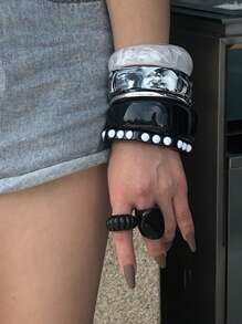 1pc Vintage Chic Tie Dye Black & White High-End Resin Square Geometric Bracelet, Elegant Women Bracelet Rings Party Holiday Accessory