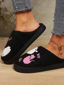 New Halloween Pink & White Angel Bat Plush Slippers, Cartoon Funny Cute Print & Embroidery, Warm Indoor Soft Bottom Non-Slip Unisex Slippers