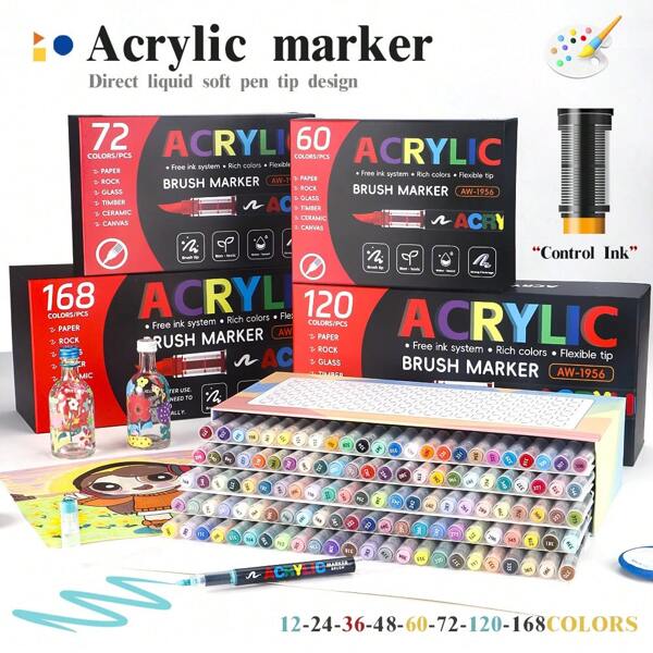 [168/120/72/60/48/36/24/12/2 Color Acrylic Markers] Acrylic Markers With Soft Nibs For Signature, Graffiti, Watercolor Painting - Suitable For Scrapbook, Black Paper, Stone Painting, Ceramic, Glass, Wood, Fabric, Canvas, Cups, Christmas Crafts And Art Supplies - Professional Art Supplies, Back To School Gifts