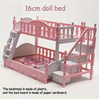1:12 娃娃屋双人床家具，粉色公主双层床带楼梯，6.3 英寸娃娃配件，迷你家居场景 DIY 生日、新年礼物