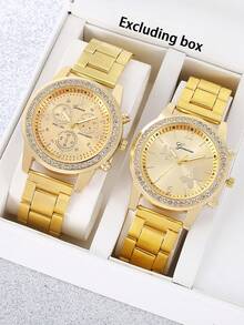 1 Set Reloj de mujer de acero con banda y diamantes de imitación, reloj de cuarzo de tres esferas falsas, reloj de pulsera de cuarzo de moda casual - Multicolor - Ver 3