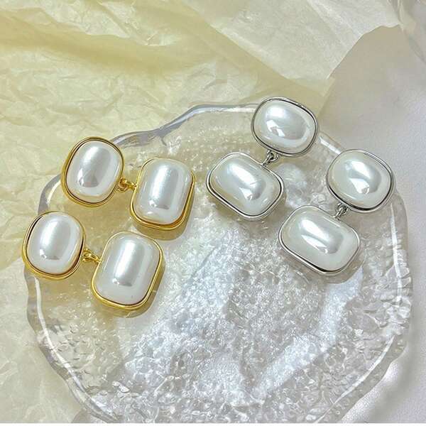 Minimalist Oval Inlaid Pearl Earrings, French Geometric Pearl Stud Earrings For Women