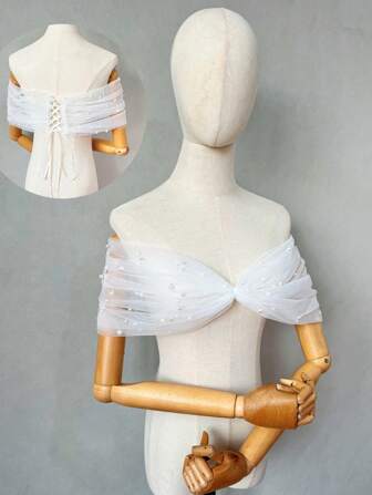 1 件白色新娘仿珍珠薄纱无肩带婚纱配饰，可调节露肩披肩女士秋季服装