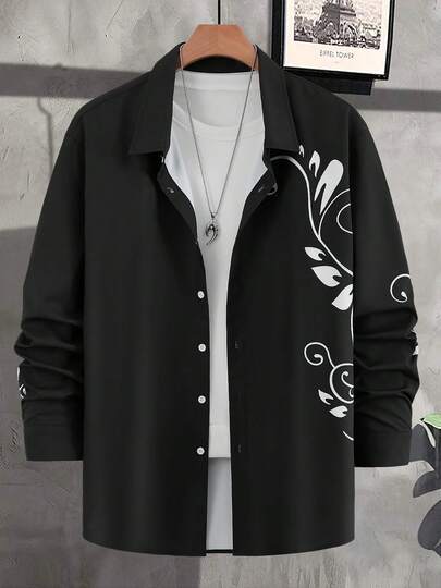 男士春秋印花长袖单排扣正装衬衫