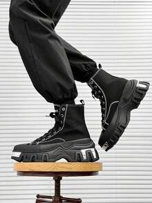 SLnU3 Men's Fashionable Thick Sole Boots, Casual Punk Style College Outdoor Fabric Rivet Inlaid Cool College Outdoor All Season Stylish - Black - View 7