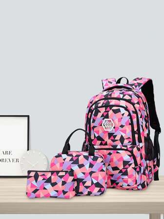 3pcs Geometric Plaid Print Backpack Set, Includes Lunch Box And Pencil Case, Large Capacity Multi-Layer Design, Bidirectional Zipper Closure, Polyester Lining, Adjustable Shoulder Straps, Side Pockets For Water Bottle And Umbrella, Water-Resistant And Durable Polyester Backpack, Suitable For Daily Use And Travel, Back-To-School Gift
