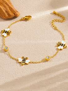 Enamel Dripping Oil Bee & Zirconia Women's Bracelet, Stainless Steel Gold Plated, Versatile, Elegant Jewelry Gift For Women, Suitable For Party And Ceremony