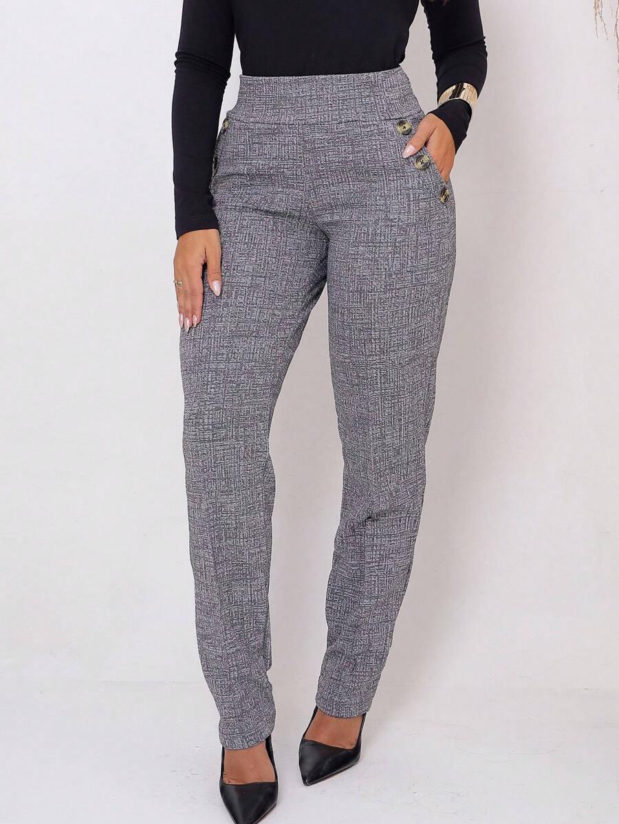 Riding Trousers With Pocket - 6 Button Detail - Plain Jackard Fabric Button Pocket Zipper - Grey - View 1