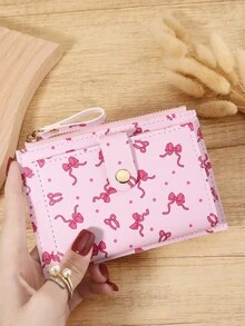 粉色蝴蝶结爱心图案扣时尚卡夹轻薄便携现金身份证信用卡零钱袋适用于生日礼物周年纪念圣诞节情人节情侣女士女孩青少年大学生学校学生包学校用品适用于学校宿舍和返校