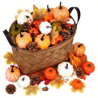 48pcs Autumn Harvest Decoration Set - Vivid Artificial Pumpkins, Gourds, Acorns, Maple Leaves, Ideal For Thanksgiving, Halloween Home Decor, Centerpieces, Wedding Accents, Autumn Home Decor | Classic Autumn Design | Pine Cone Details, Bedroom, Desk, Garden Decorations, Christmas
