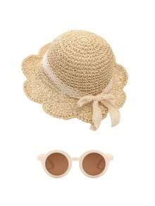 1 件男女通用儿童太阳帽，带蕾丝帽檐的草帽，夏季防晒帽 - 草帽+眼鏡 - 查看 7