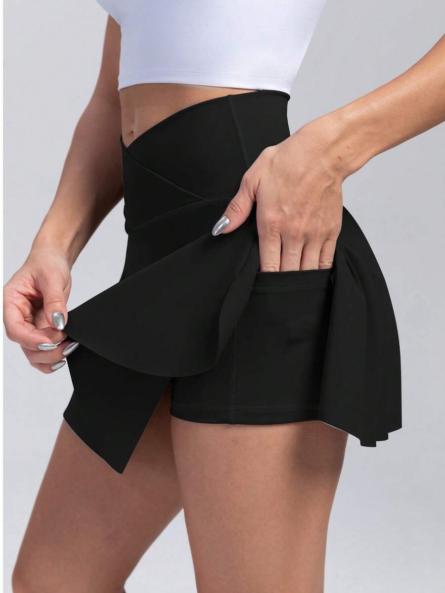 Chic 2-In-1 High-Waist Tennis Skirt With Inner Pocket Shorts - Perfect For Golf, Yoga, & Sports Activewear - màu đen - Xem 1