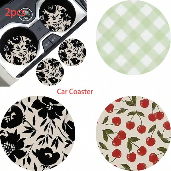 2pcs Plaid Pattern Car Cup Coaster Stylish & Durable Fast-Drying Non-Slip Car Cup Mat
