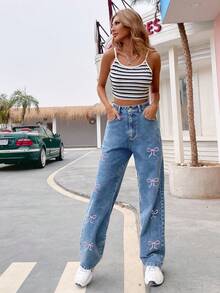 Women Classic Casual Straight Leg Jeans With Butterfly Embroidery, Versatile For Spring/Summer, Suitable For Casual, Holiday, Birthday, Party, Travel, Stage Performance, Airport