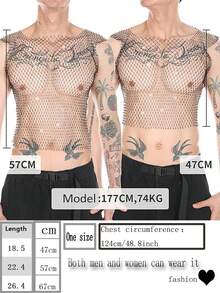 1 件男士性感水钻镶嵌渔网镂空背心，网眼透视俱乐部装，闪亮夜店派对背心，也适合女士