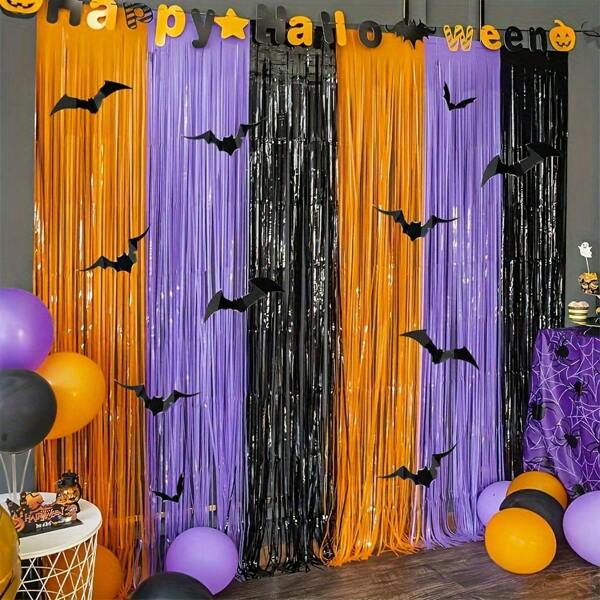 13 sztuk/opakowanie 6 kolorów każde opakowanie pomarańczowy fioletowy czarny rekwizyty do fotobudki z 12 szt. nietoperzy, 1*2M halloweenowe foliowe zasłony z frędzlami, tło do zdjęć na imprezę halloweenową tło do zdjęć na rocznicę urodzin dekoracja na imprezę halloweenową