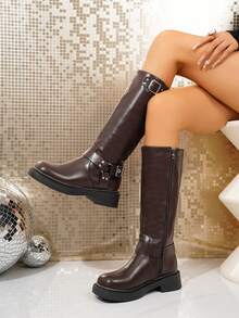 女款及膝骑士靴秋冬美式甜美酷炫风棕色厚底机车靴纯色朋克皮带扣靴棕色 - 棕色 - 查看 1