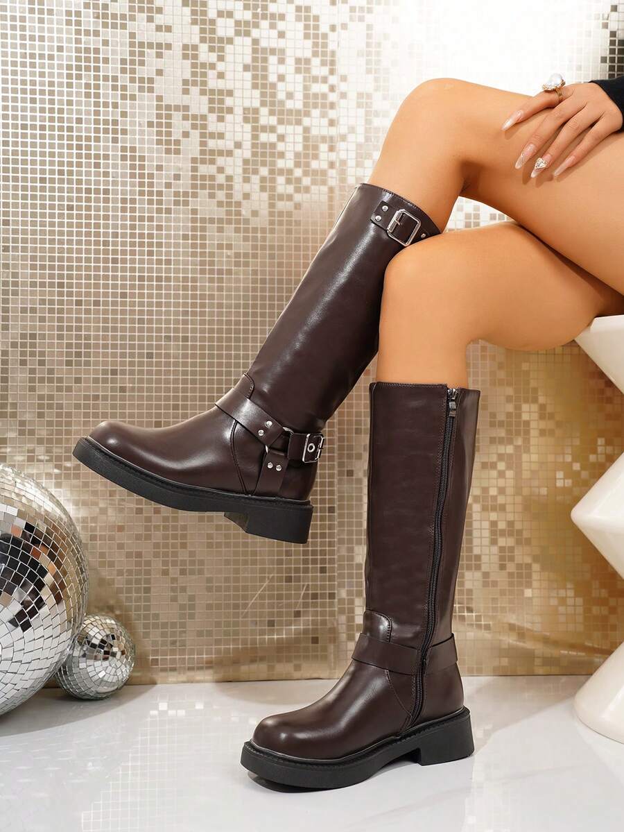 女款及膝骑士靴秋冬美式甜美酷炫风棕色厚底机车靴纯色朋克皮带扣靴棕色 - 棕色 - 查看 1
