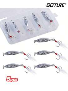 GOTURE Goture 5 Peças Iscas de Pesca Jigs, Iscas de Pesca em Liga de Zinco Vertical para Água Doce e Salgada, Iscas de Pesca Jigs de 7g a 30g com Anzol Triplo e Penas, Iscas de Pesca Colher com Caixa de Equipamentos para Atum, Salmão, Achigã, Truta